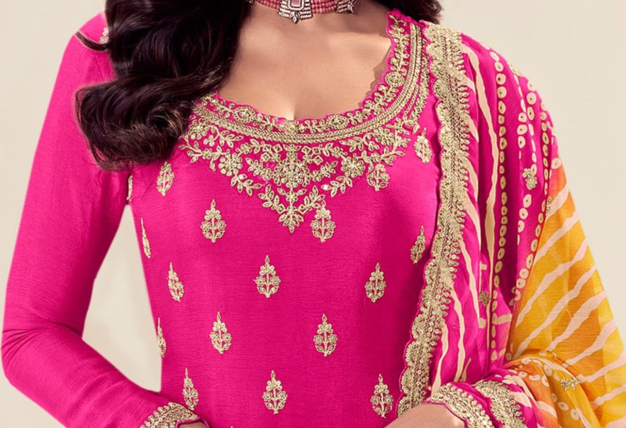 Traditional Punjabi Bridal Suit Pink Chinon Fabric Embroidery