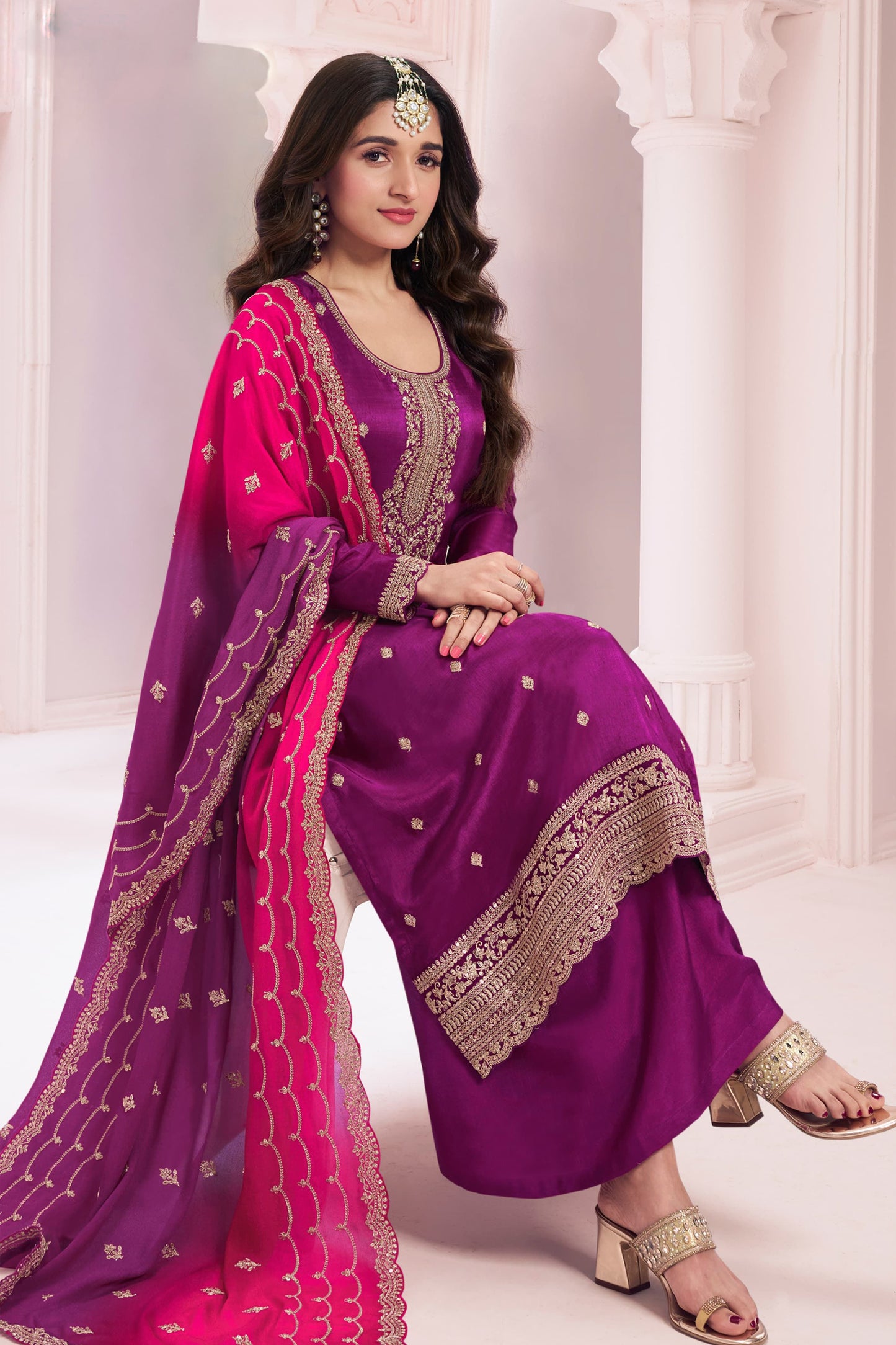 Women's Purple Salwar Kameez With Dupatta - Traditional Indian Wedding Outfit