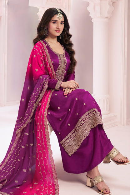 Women's Purple Salwar Kameez With Dupatta - Traditional Indian Wedding Outfit