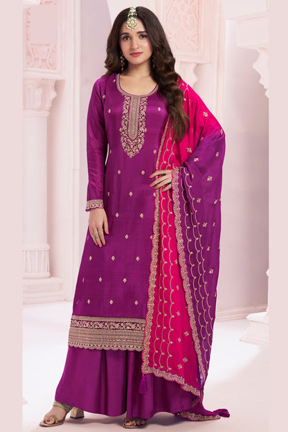 Purple Embroidered Georgette Palazzo Suit For Women - Indian Ethnic Wear