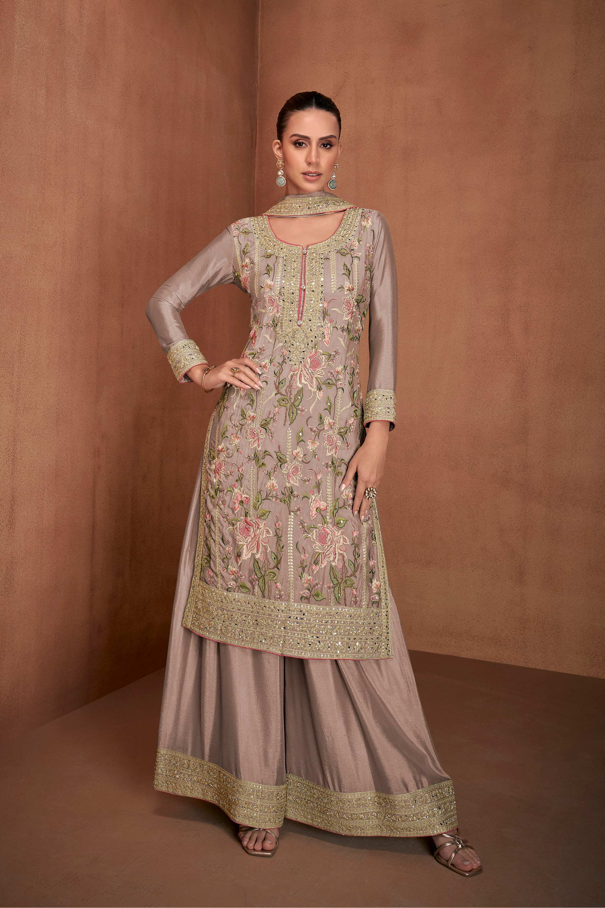 Embroidered Palazzo Suit With Chinon Dupatta For Festivals