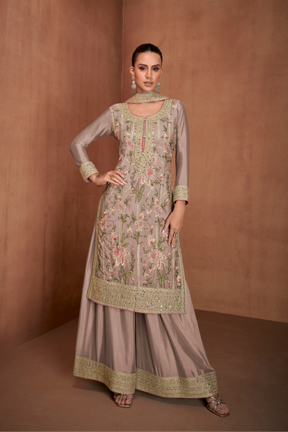 Embroidered Palazzo Suit With Chinon Dupatta For Festivals