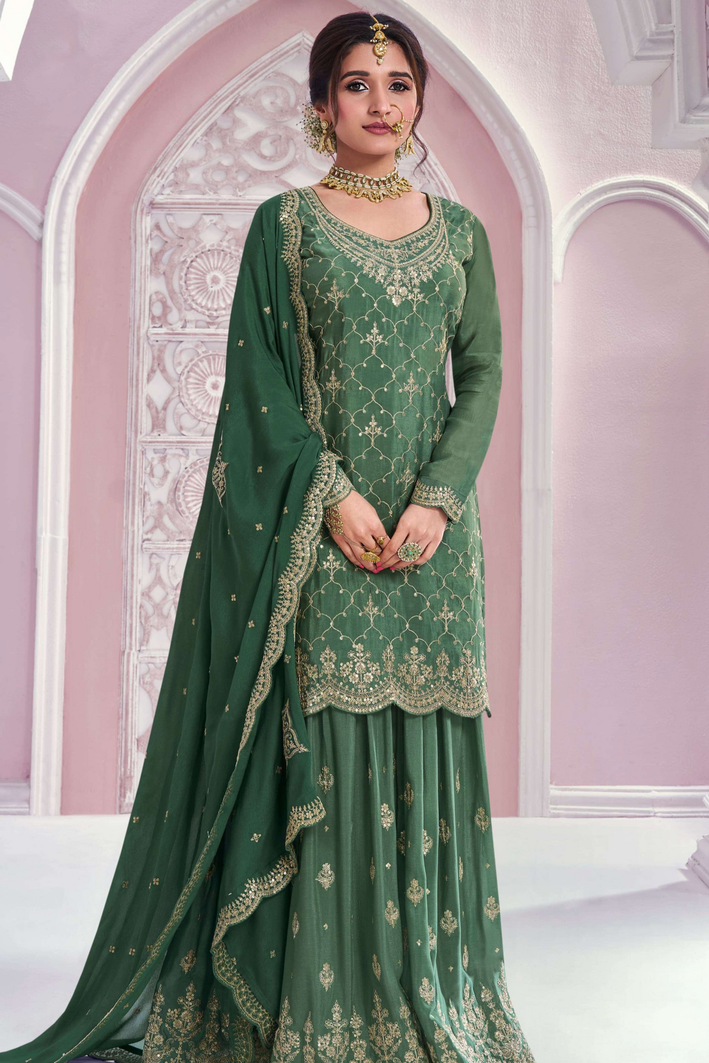 Readymade Green Embroidered Salwar Kameez Palazzo Suit For Indian Weddings USA - Chinon Silk Pakistani Dress