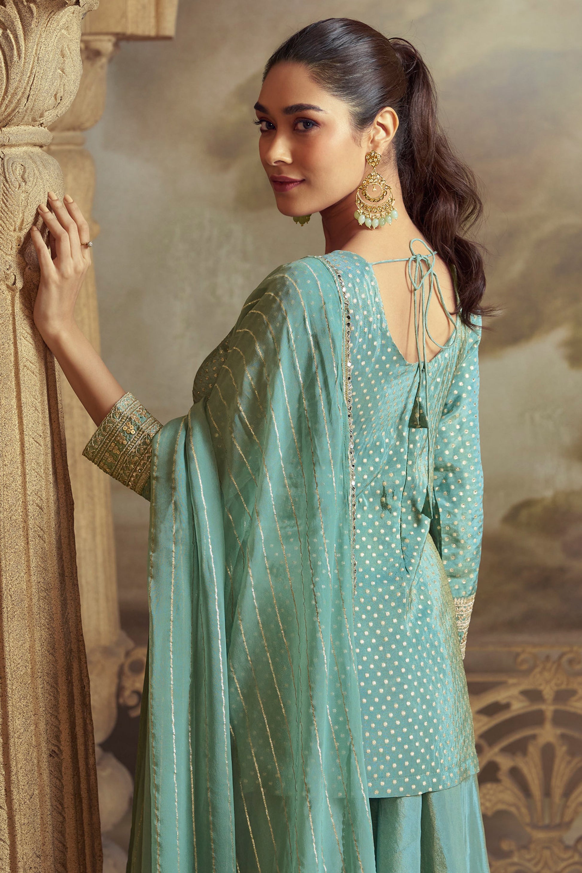 Designer Sky Blue Palazzo Salwar Kameez Ethnic Wear for Diwali Festival