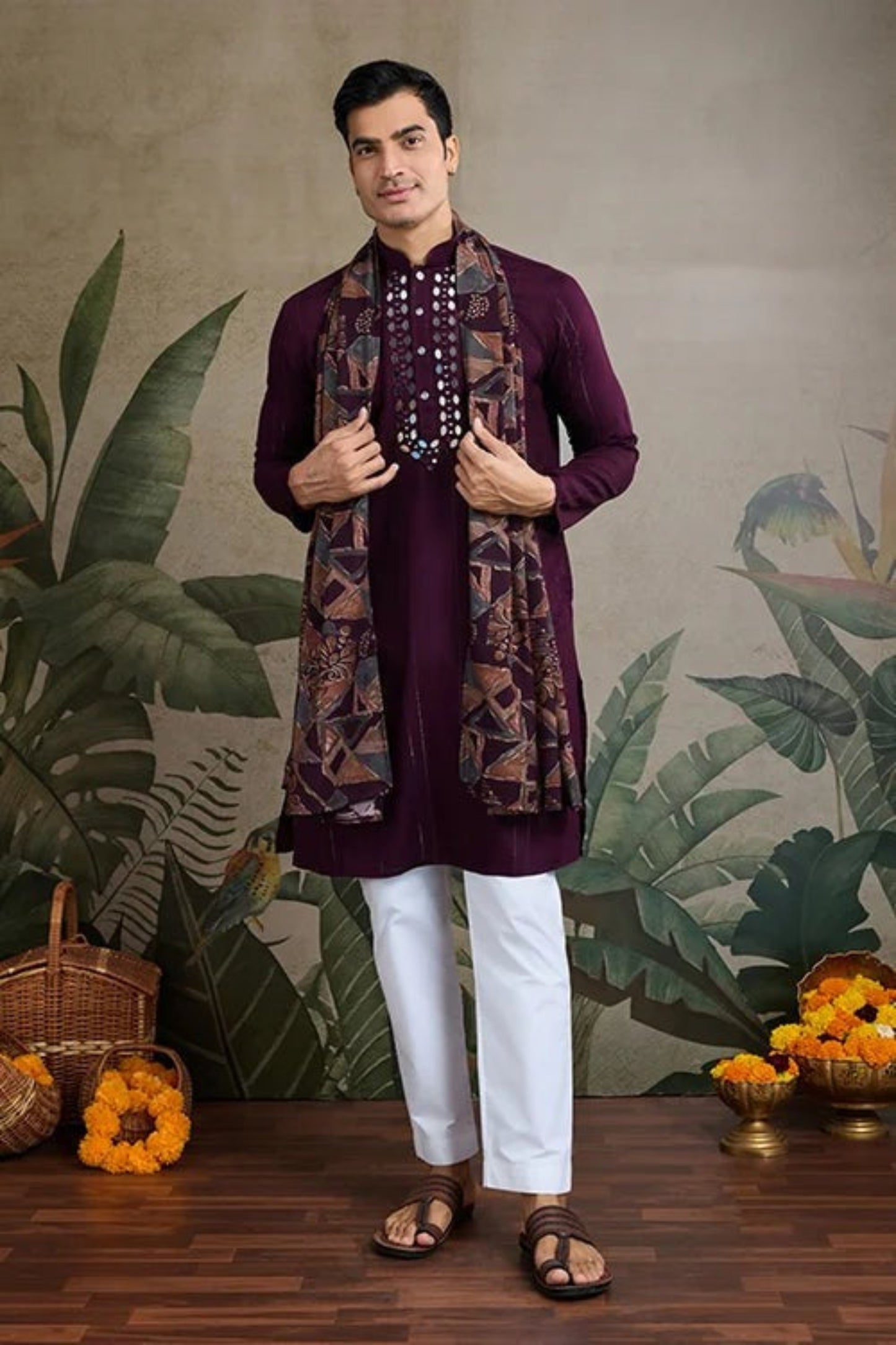 Elegant Purple Color Viscose Rayon Kurta Set For Men Real Mirror Work With Matching Pant