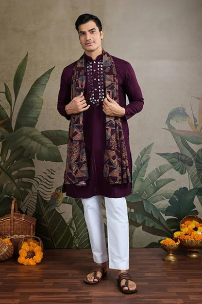 Elegant Purple Color Viscose Rayon Kurta Set For Men Real Mirror Work With Matching Pant