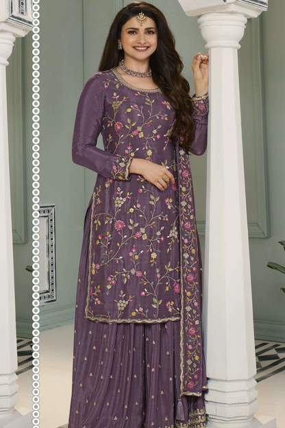 Purple Chinon Silk Palazzo Suit With Embroidery - Indian Pakistani Wedding Dress