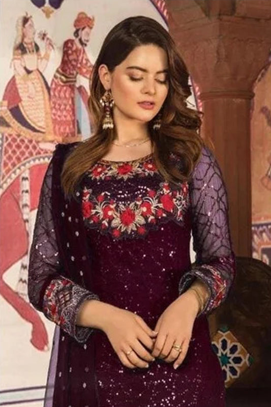 Purple Embroidery Work Net Fabric Ready To Wear Nepali Fashion Salwar Kameez