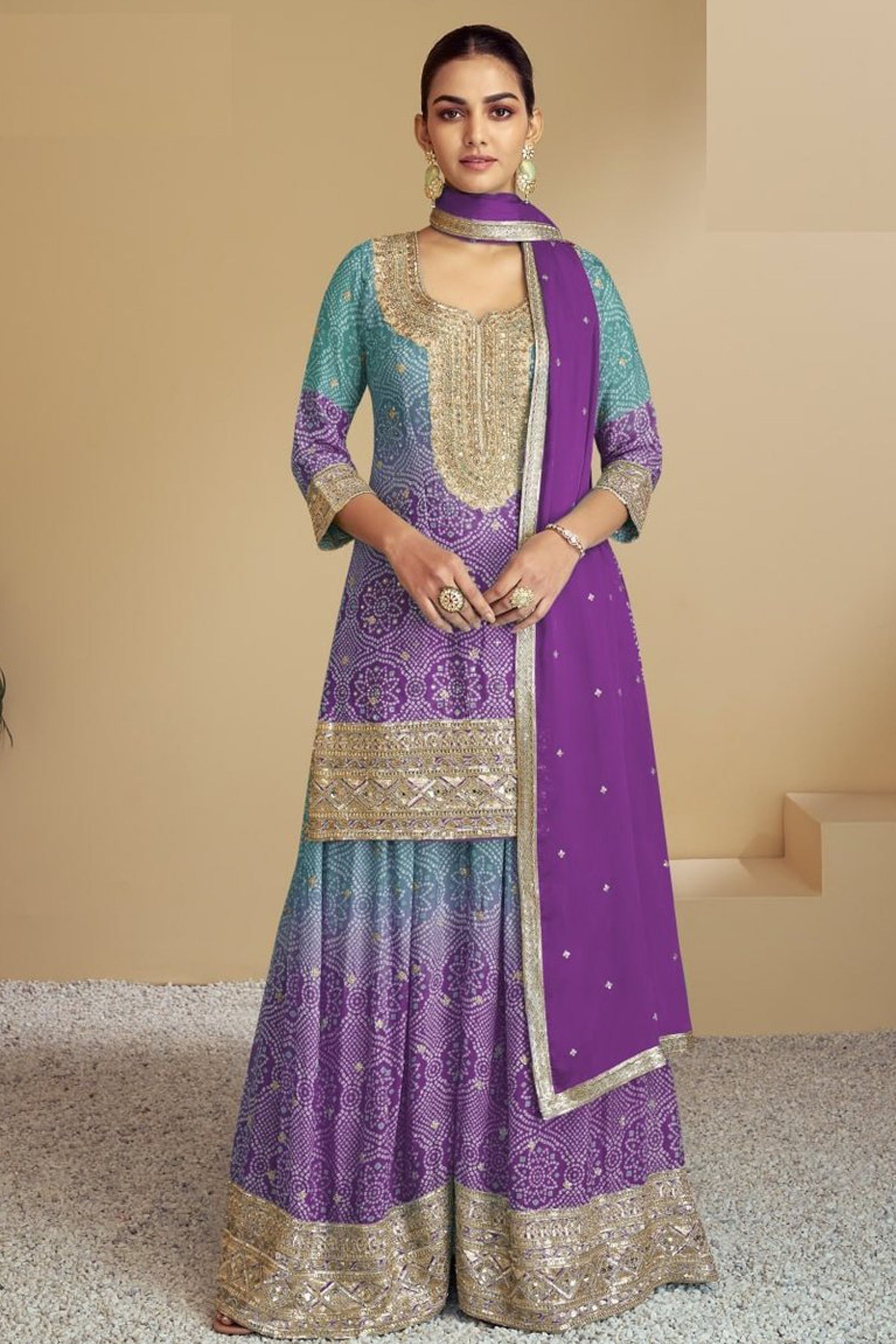 Purple Embroidered Chinon Sharara Palazzo Suit With Dupatta For Indian Weddings