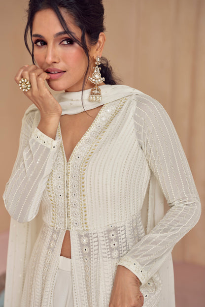 White Real Georgette Anarkali Plazzo Suits For Ramadan Special Gown Suits 