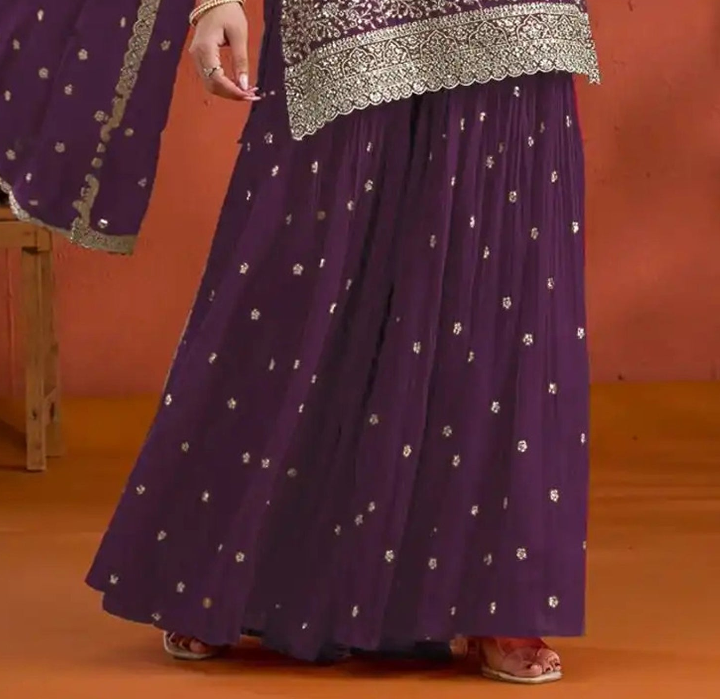 Designer Eid Palazzo Dress - Pakistani Shalwar Kameez Suit In Royal Purple - Ready To Wear