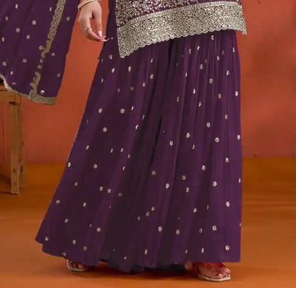Designer Eid Palazzo Dress - Pakistani Shalwar Kameez Suit In Royal Purple - Ready To Wear