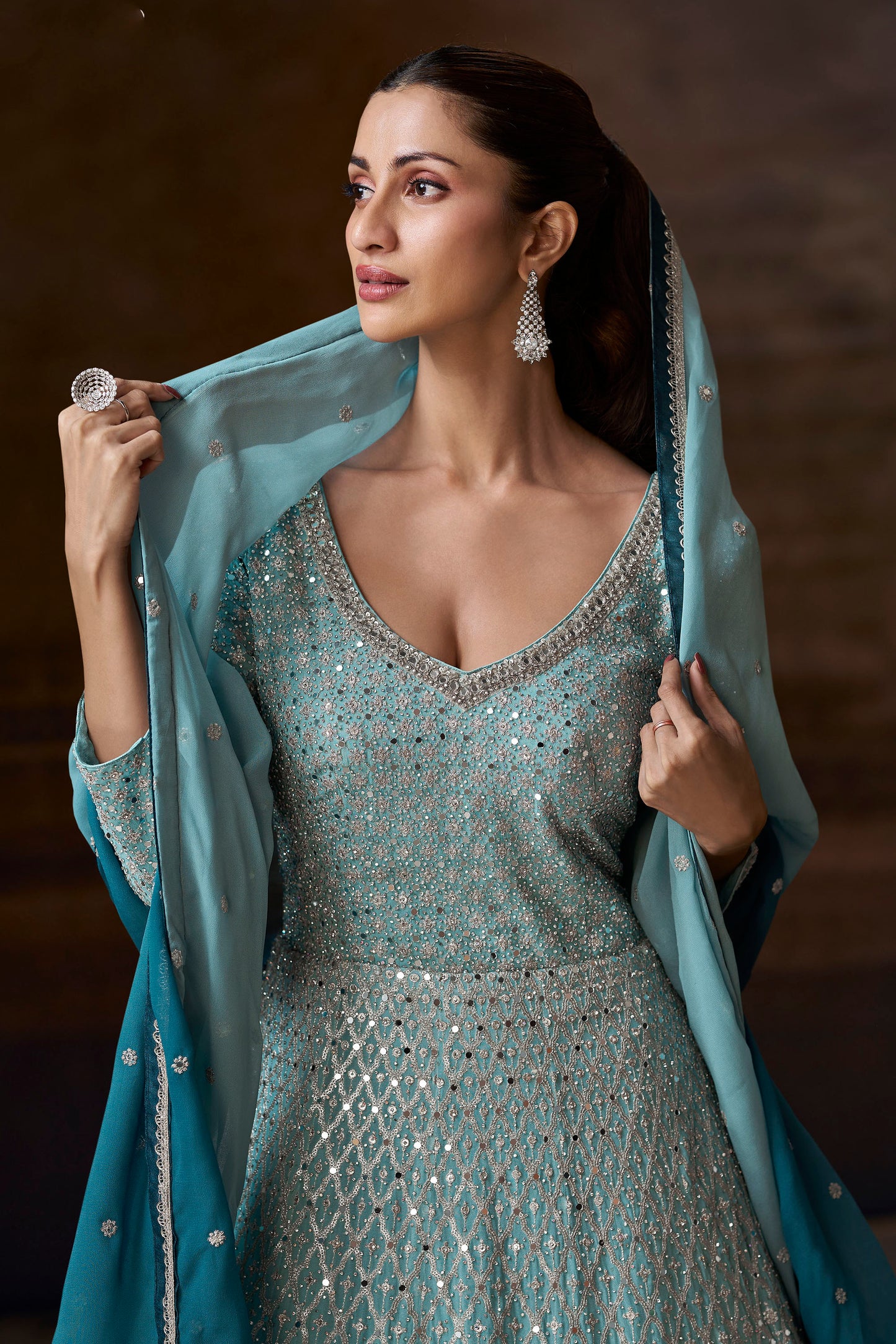 Embroidery Ready-Made Real Georgette Blue Beautiful Anarkali Gown Dress 