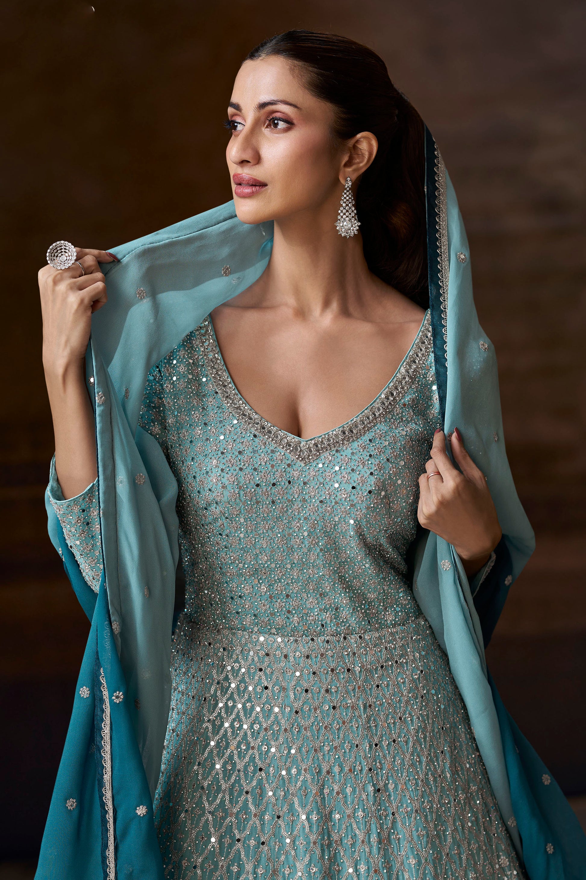 Embroidery Ready-Made Real Georgette Blue Beautiful Anarkali Gown Dress 