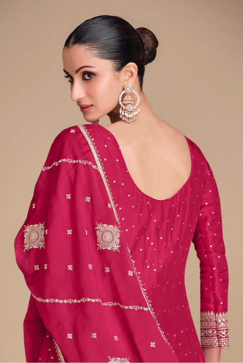 Pink Anarkali Suit Back View - Floor Length Wedding Party Dress With Dupatta