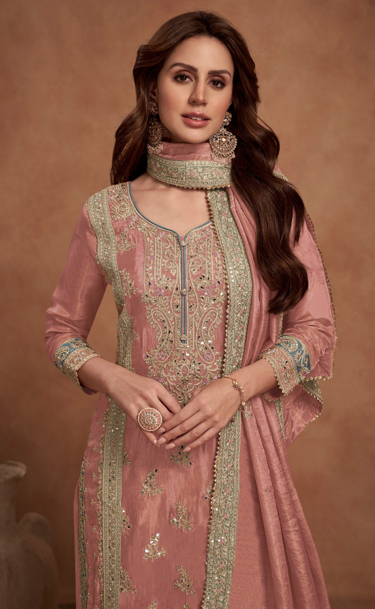 Indian Wedding Palazzo Suit Set With Embroidered Dupatta - Front View - Ready To Wear