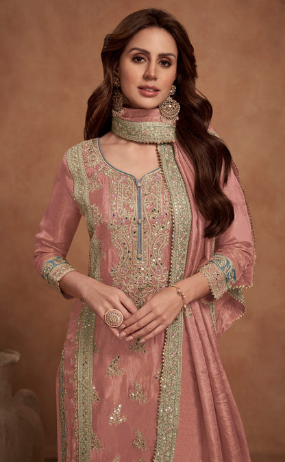 Indian Wedding Palazzo Suit Set With Embroidered Dupatta - Front View - Ready To Wear