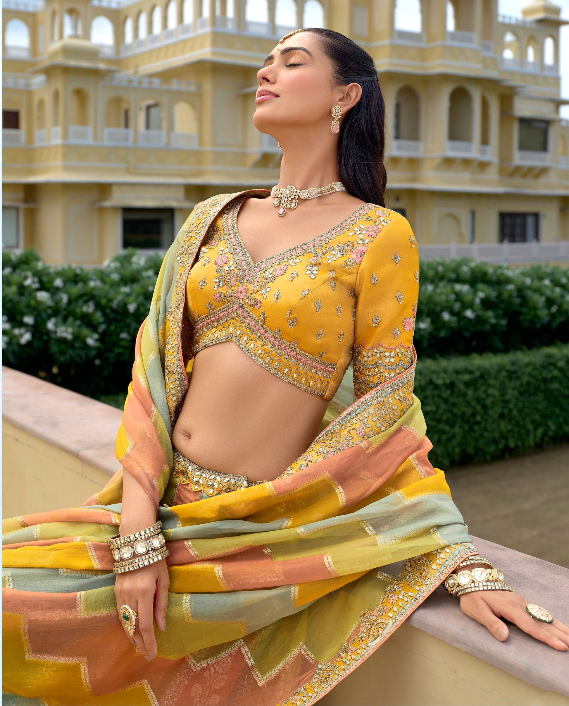 Ready-To-Wear Yellow Lehenga Choli Set With Embroidered Blouse And Net Dupatta For Wedding Reception