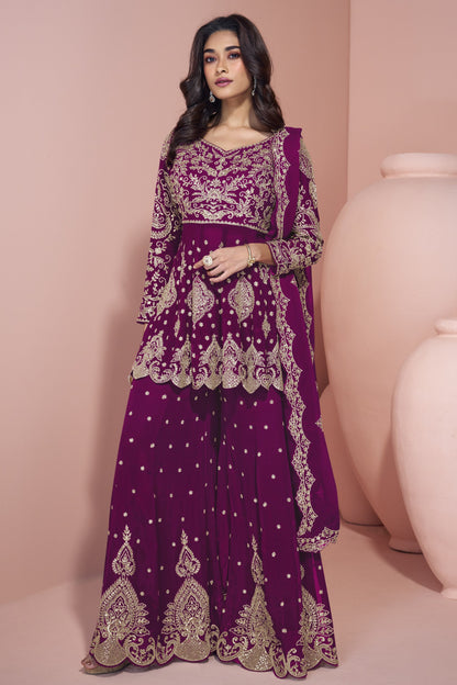Wine Embroidered Palazzo Salwar Kameez Suit Front View With Georgette Dupatta