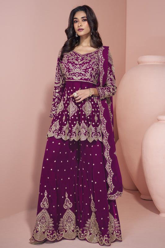 Wine Embroidered Palazzo Salwar Kameez Suit Front View With Georgette Dupatta