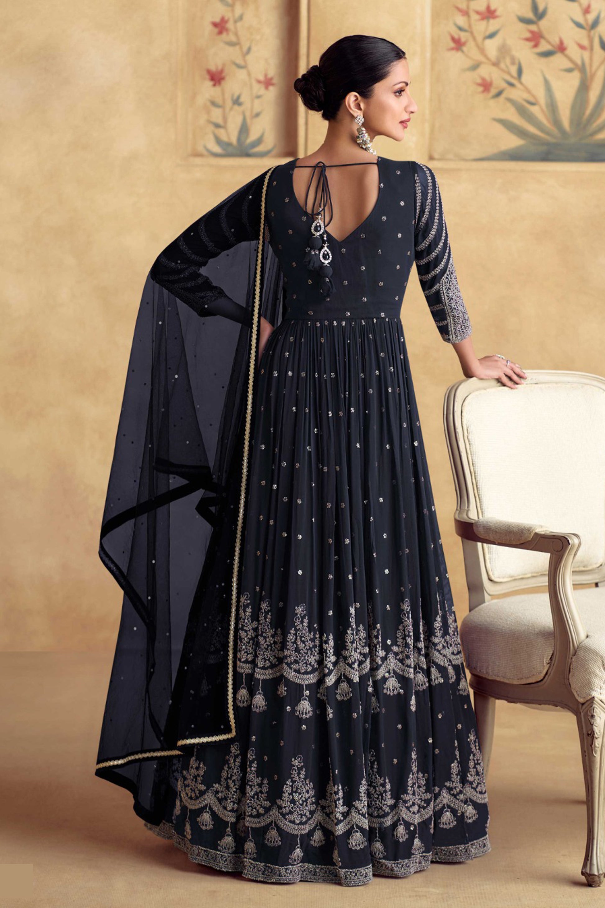 Elegant Black Anarkali Gown Front View - Traditional Indian Party Wear For Women