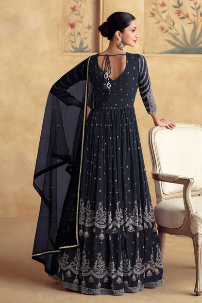 Elegant Black Anarkali Gown Front View - Traditional Indian Party Wear For Women