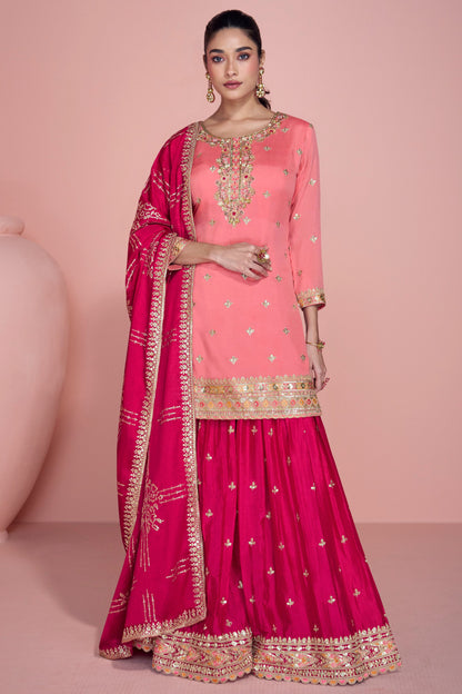 Pink Heavy Embroidered Sharara Suit Chinon Silk Wedding Party Wear Pakistani Ethnic Outfit Dupatta USA Women