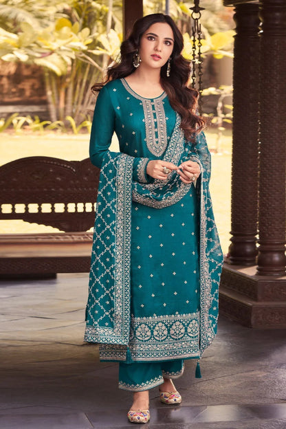 Teal Embroidered Salwar Kameez Front View With Palazzo and Dupatta for Religious Ceremonies