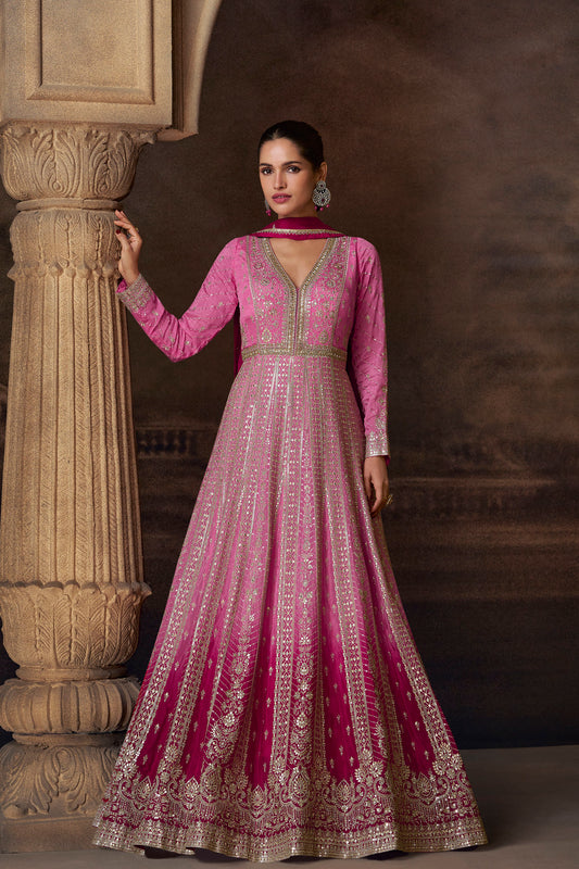 Pink Color Heavy Embroidery Worked Stylish Anarkali Gown Dupatta Suits