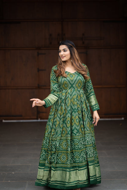 Exclusive Green Gaji Silk Bandhej Printed Ready-to-Wear Anarkali Gown