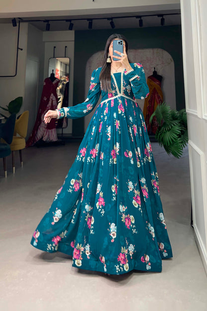 Teal Blue Georgette Floral Printed Anarkali Gown for Reception Wear