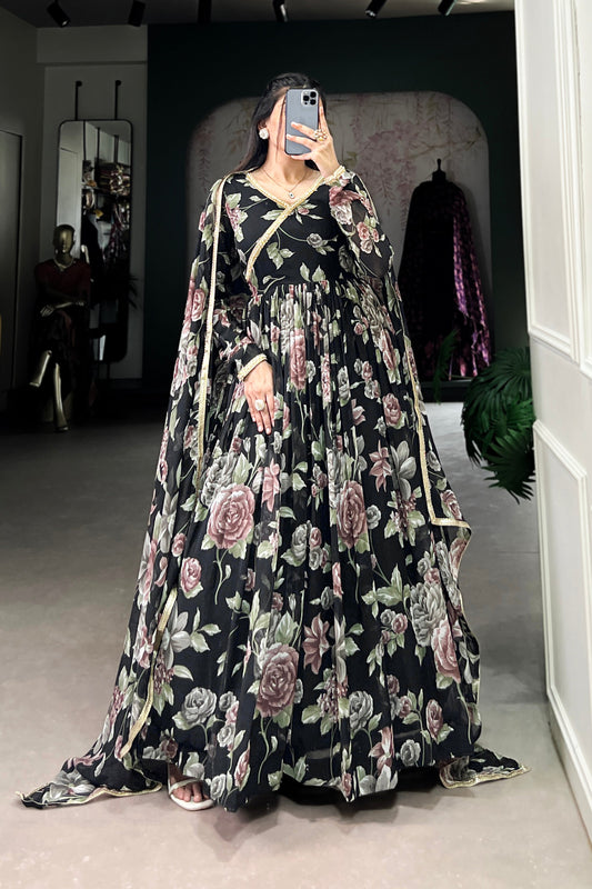 Latest Black Floral Printed Georgette Flared Anarkali Gown Suit