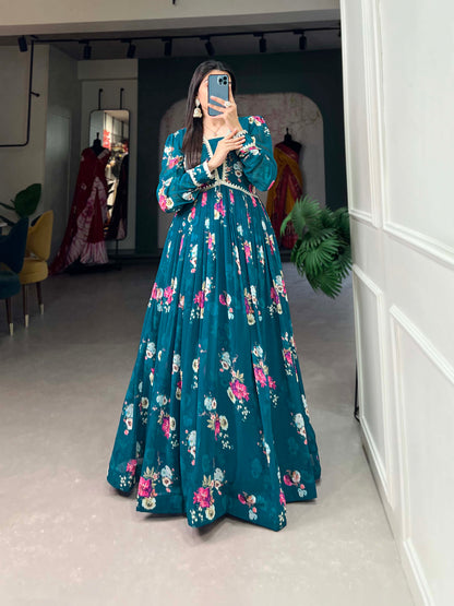 Teal Blue Georgette Floral Printed Anarkali Gown for Reception Wear