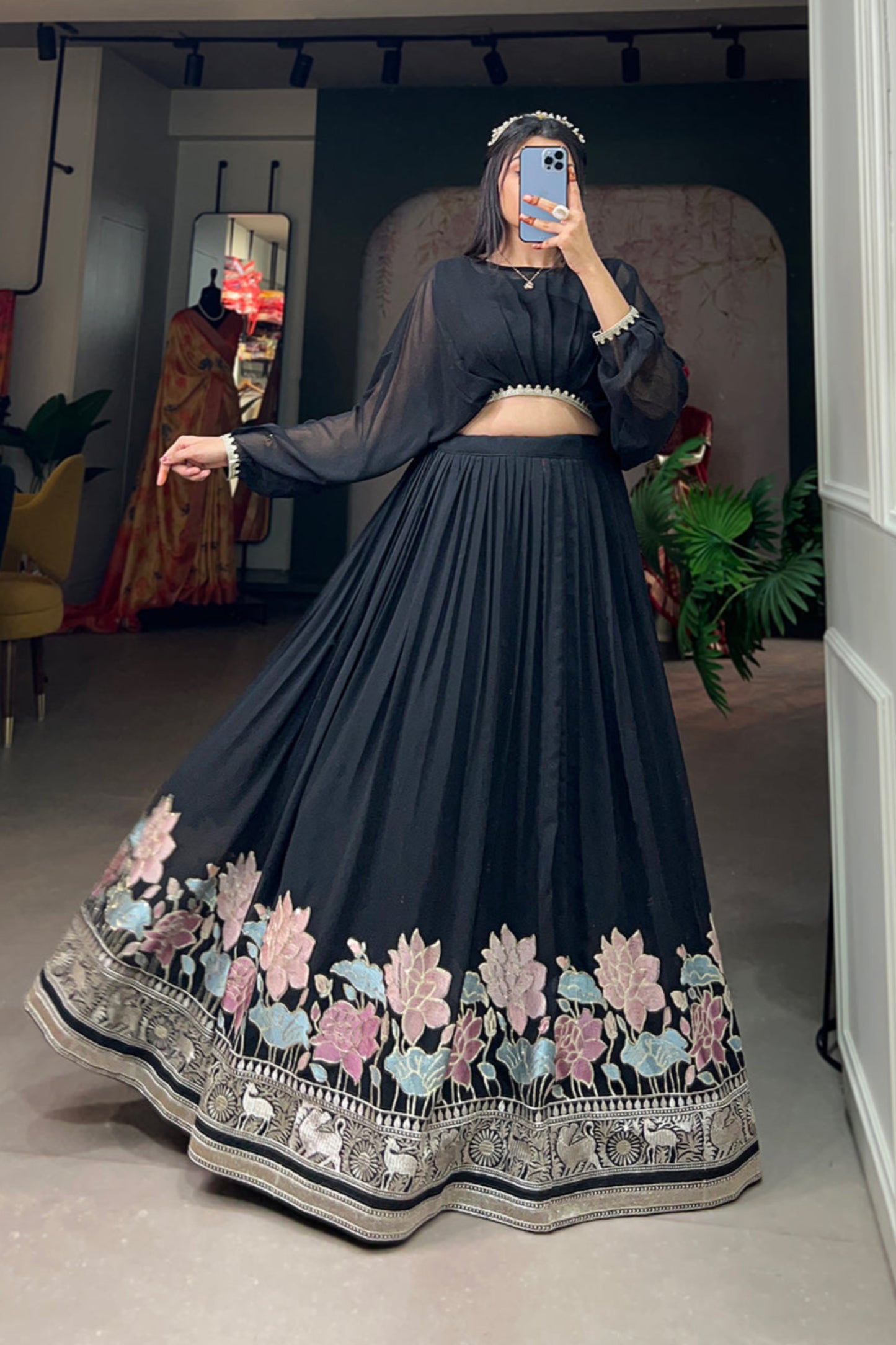 black lehenga,plus size available,Comfort Fit,Premium Fabric,Express Delivery.