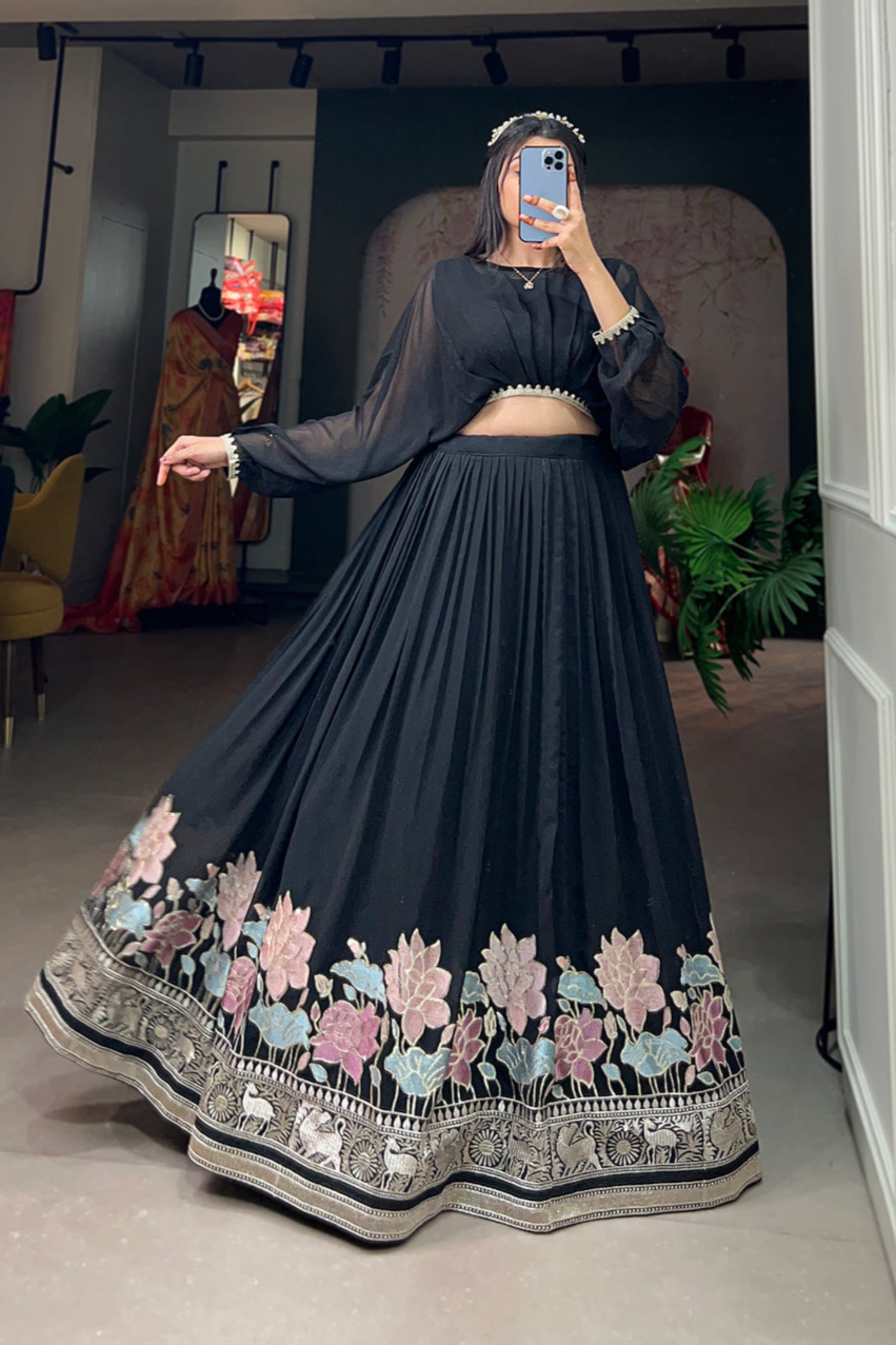 black lehenga,plus size available,Comfort Fit,Premium Fabric,Express Delivery.