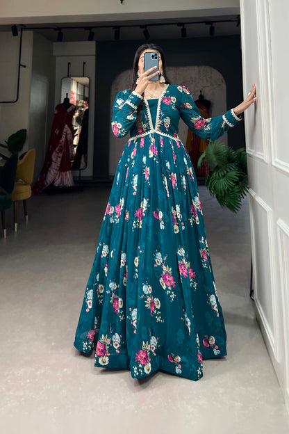 Teal Blue Georgette Floral Printed Anarkali Gown for Reception Wear