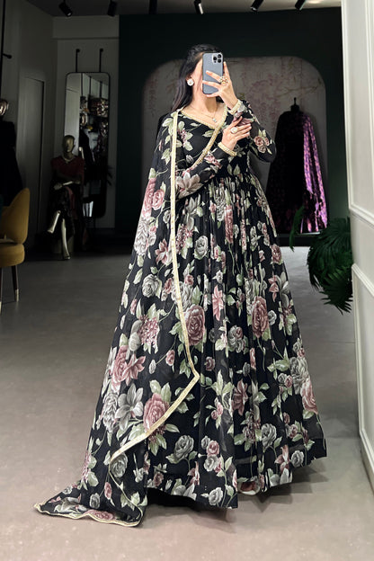 Latest Black Floral Printed Georgette Flared Anarkali Gown Suit