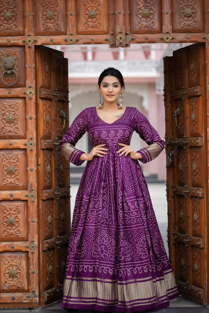 Eid Special Designer Purple Bandhej Printed Traditional Anarkali Gown