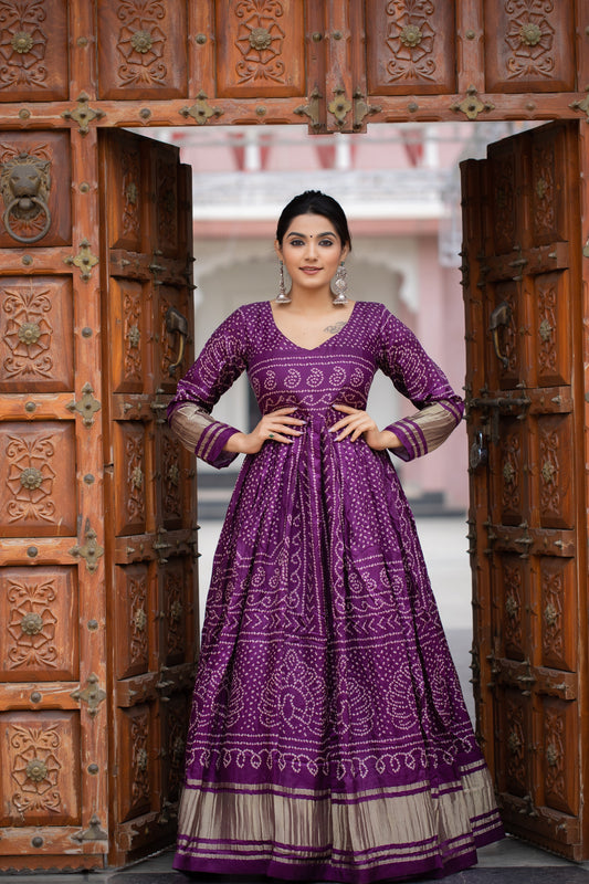Eid Special Designer Purple Bandhej Printed Traditional Anarkali Gown