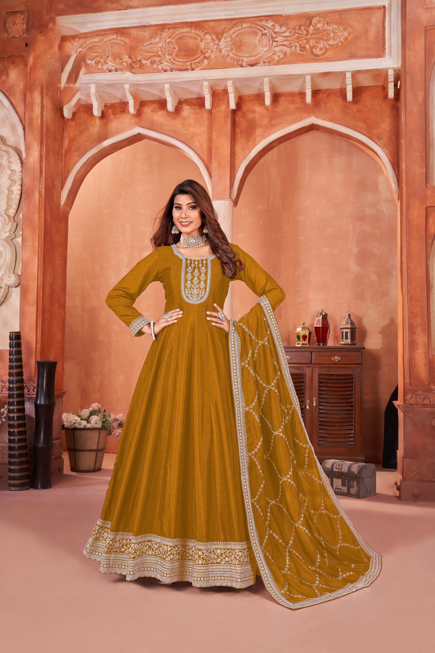 New Reception-Party Style Long Anarkali Gown Embroidery Work With Beautiful Dupatta
