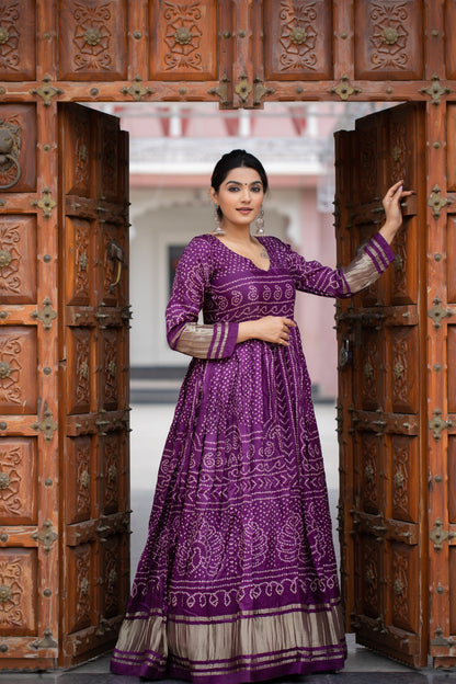 Eid Special Designer Purple Bandhej Printed Traditional Anarkali Gown