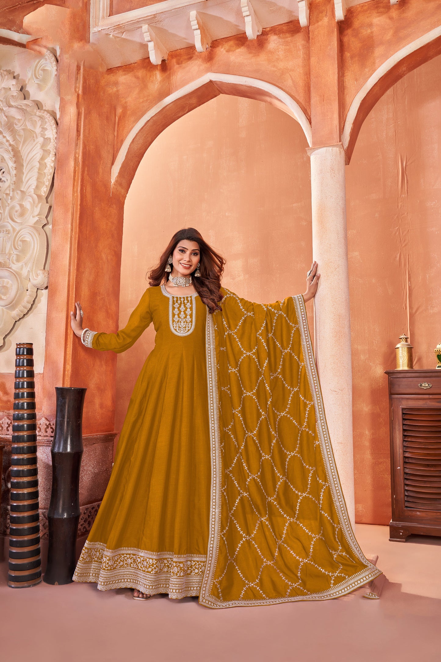 New Reception-Party Style Long Anarkali Gown Embroidery Work With Beautiful Dupatta