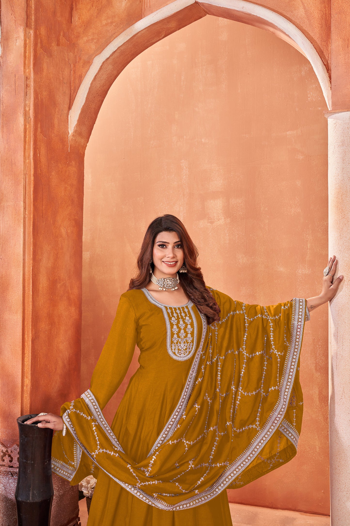 New Reception-Party Style Long Anarkali Gown Embroidery Work With Beautiful Dupatta