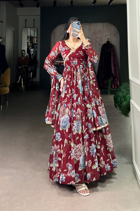 Newest Red Georgette Floral Printed Anarkali Gown for Reception Party