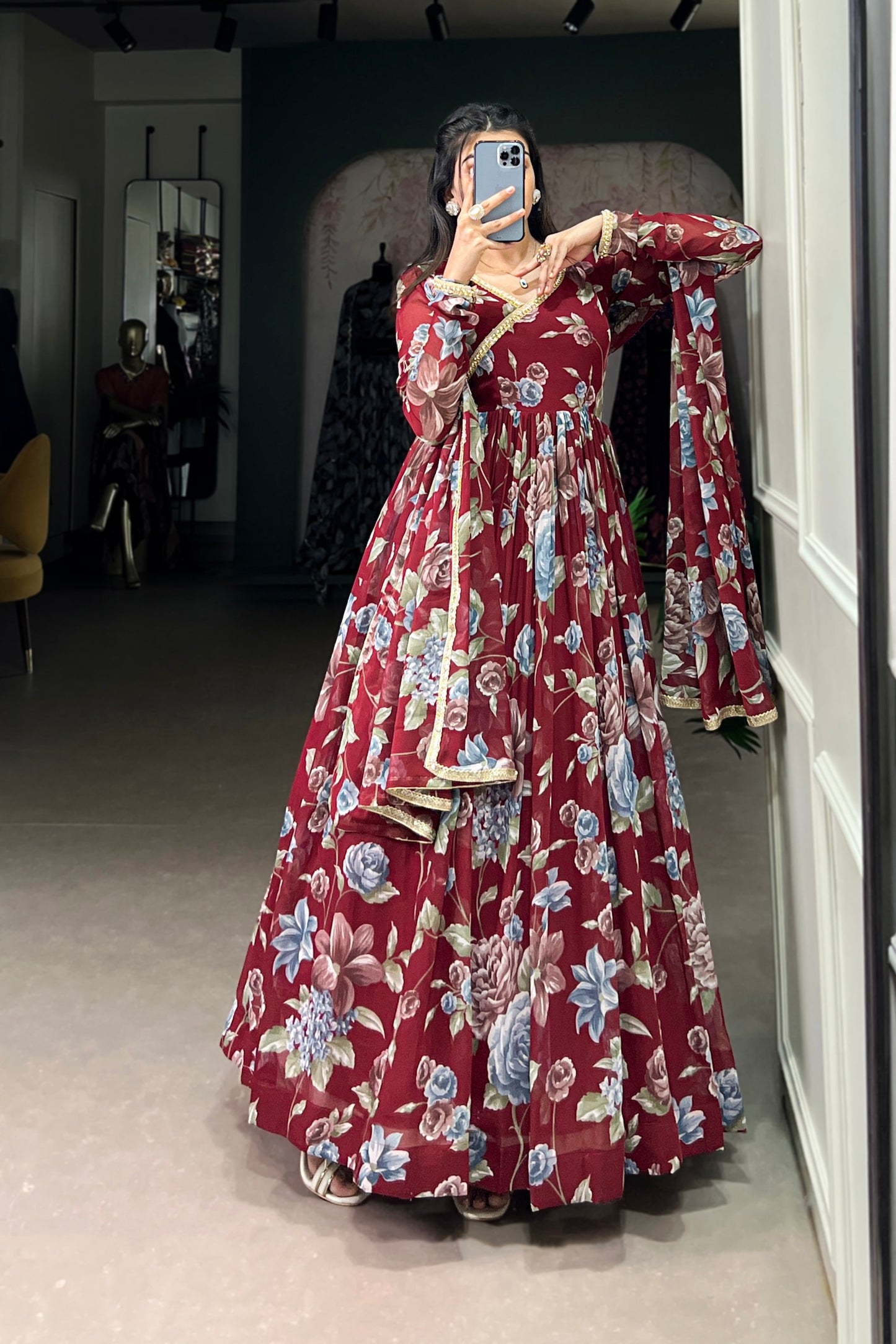Newest Red Georgette Floral Printed Anarkali Gown for Reception Party