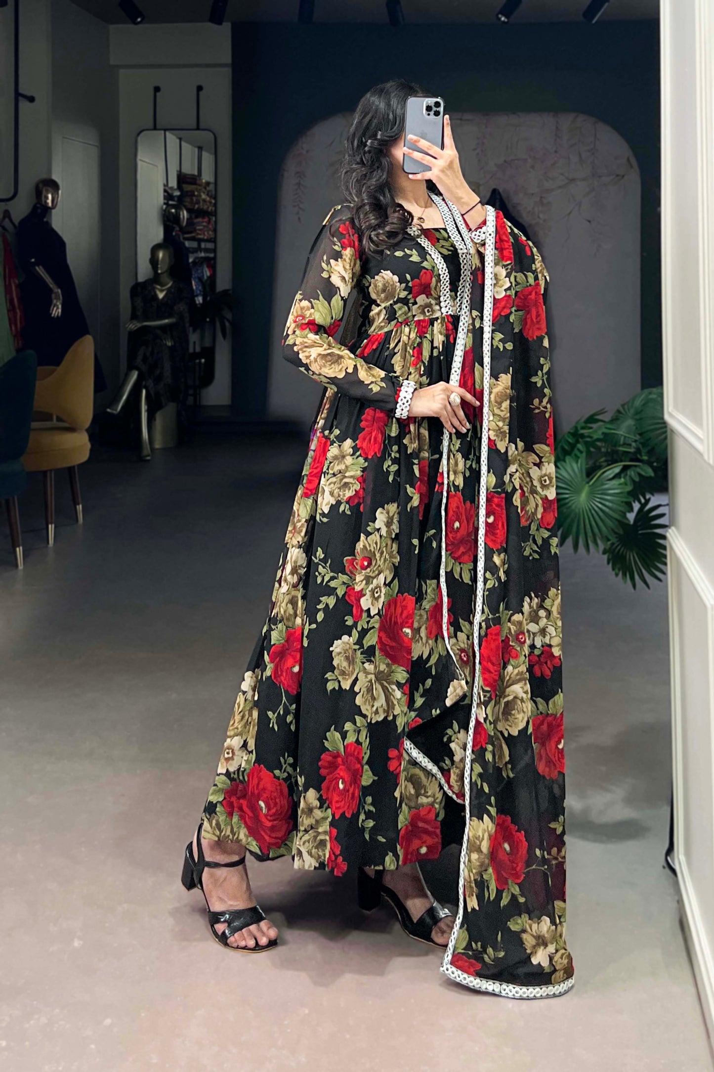 Indian Designer Red Floral Printed Georgette Anarkali Gown for Wear