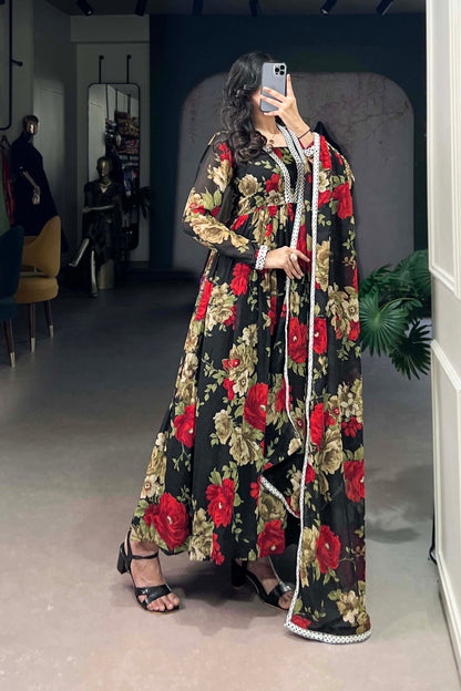 Indian Designer Red Floral Printed Georgette Anarkali Gown for Wear