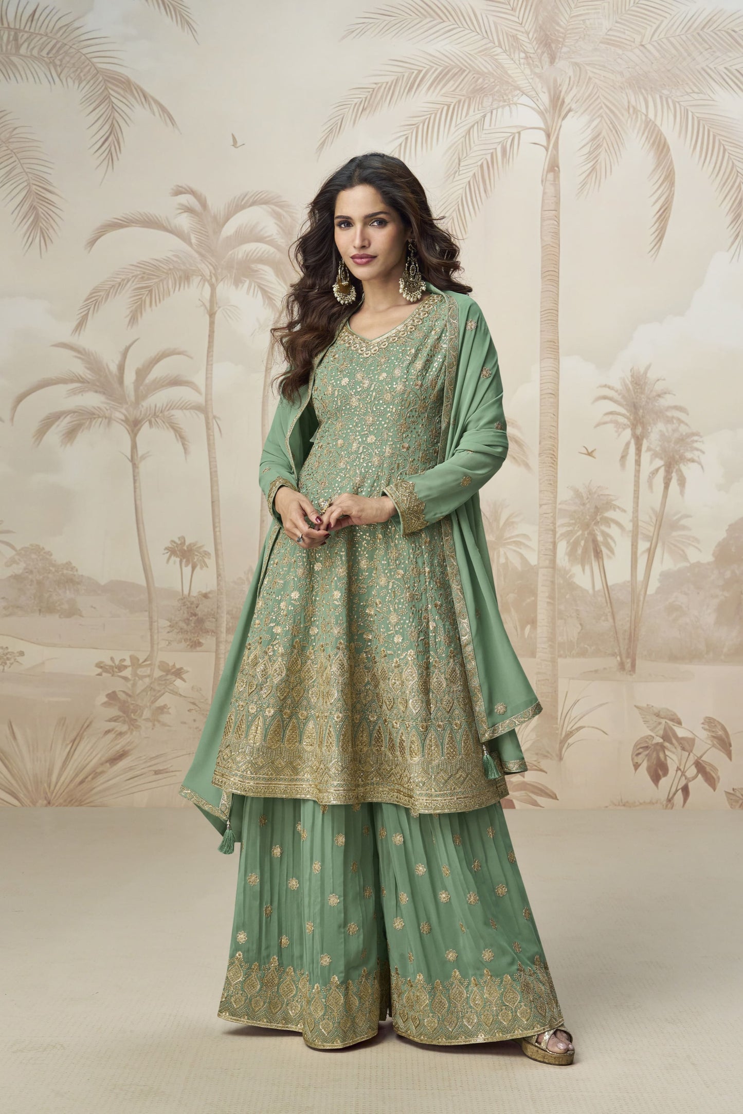 Green Ready To Wear Embroidered Suit with Dupatta for Special Function