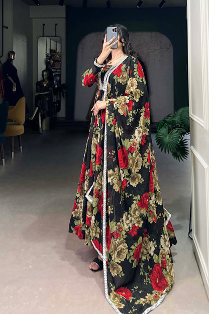 Indian Designer Red Floral Printed Georgette Anarkali Gown for Wear