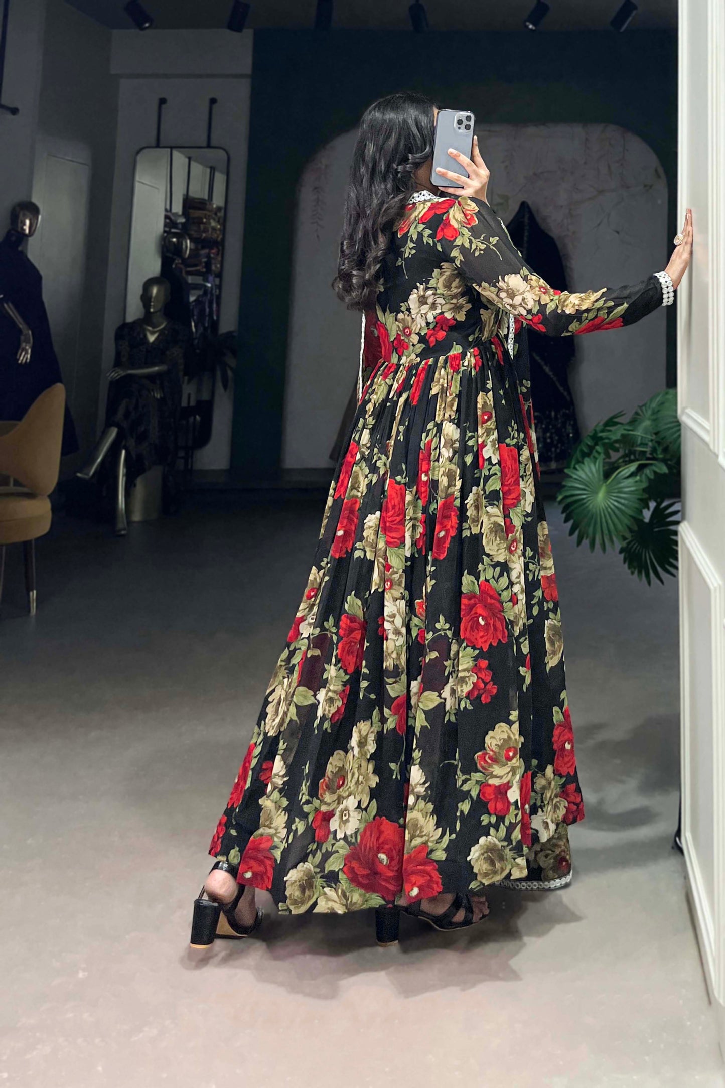 Indian Designer Red Floral Printed Georgette Anarkali Gown for Wear